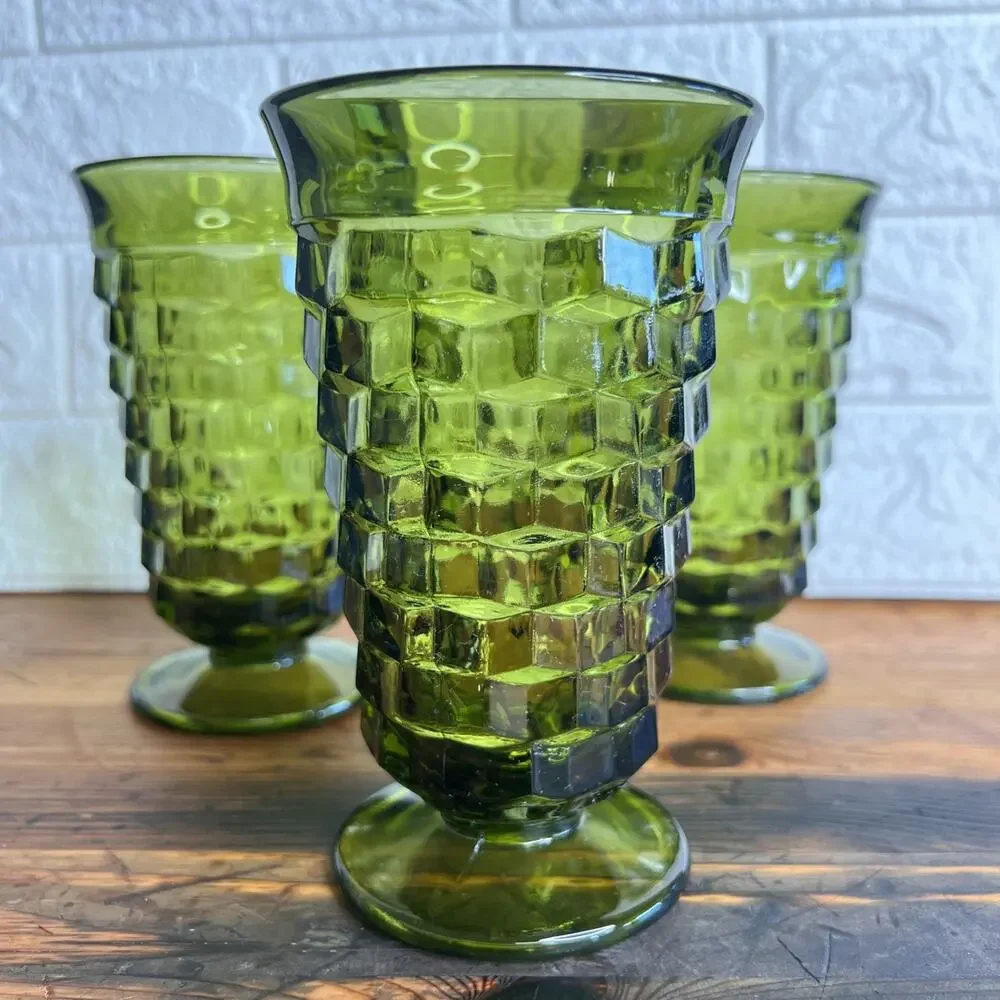 Whitehall Avocado Green Tumblers•MCM Cubist Glasses by Colony •Set of 3 •Vintage - Picture 3 of 10